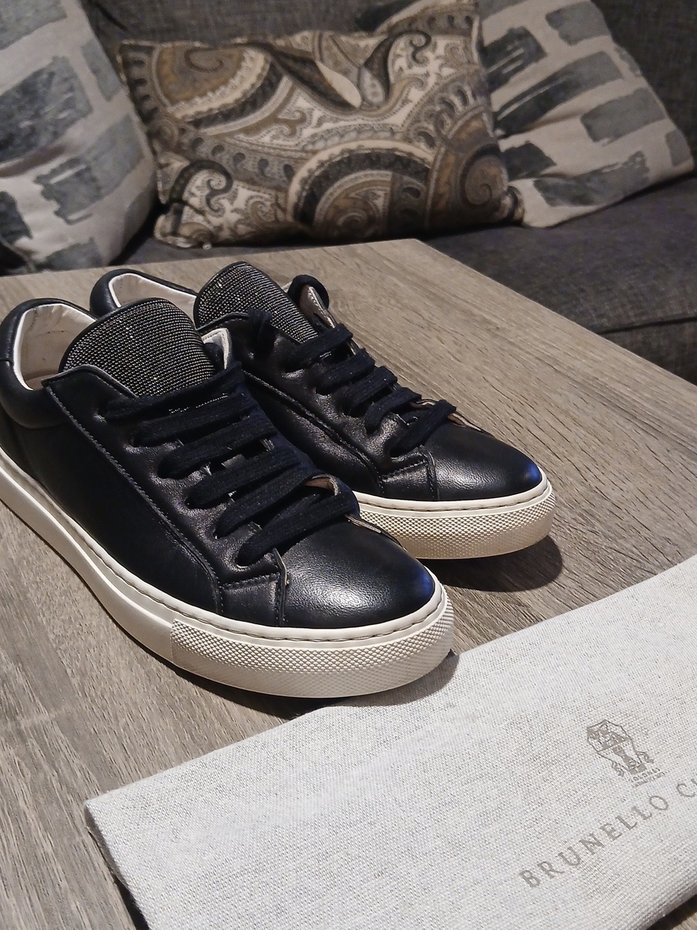 Brunello Cucinelli Black Leather Monili Tongue Sneakers Size 36 / US 6